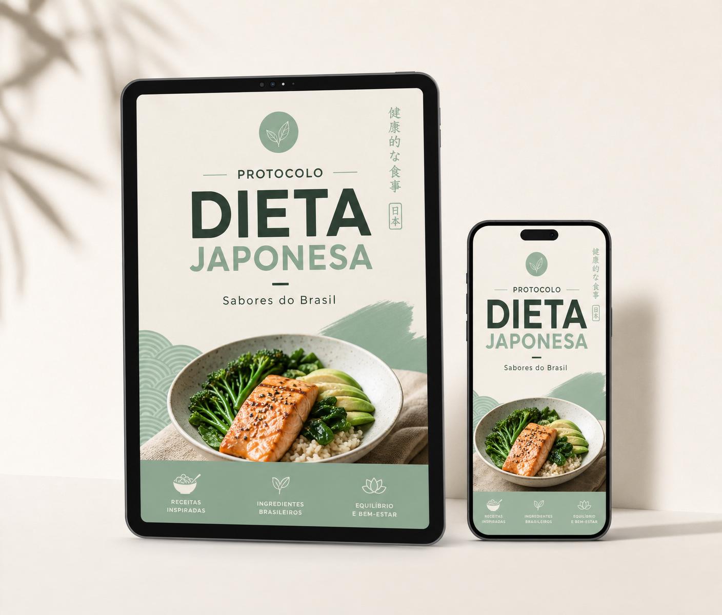 Mockup do e-book Protocolo Dieta Japonesa em tablet e celular